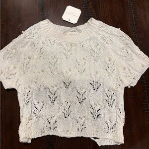 Altar'd State Cream Cropped Knit Top with Pearl Details